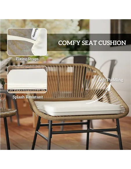 Outsunny 3 Pieces Rattan Bistro Set, Wicker Small Garden Table and Chairs Set with Cushions and Glass Top Coffee Table, Bistro G