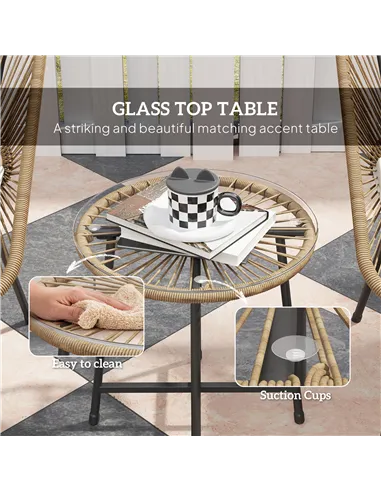 Outsunny 3 Pieces Rattan Bistro Set, Wicker Small Garden Table and Chairs Set with Cushions and Glass Top Coffee Table, Bistro G