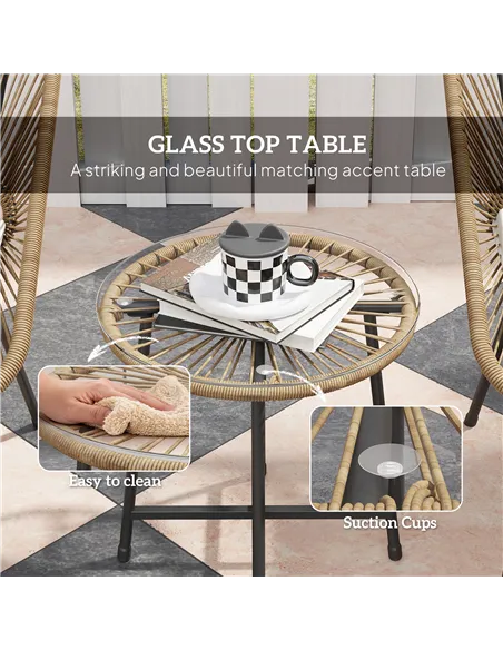 Outsunny 3 Pieces Rattan Bistro Set, Wicker Small Garden Table and Chairs Set with Cushions and Glass Top Coffee Table, Bistro G