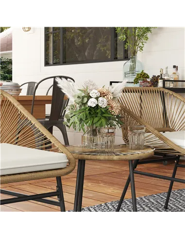 Outsunny 3 Pieces Rattan Bistro Set, Wicker Small Garden Table and Chairs Set with Cushions and Glass Top Coffee Table, Bistro G