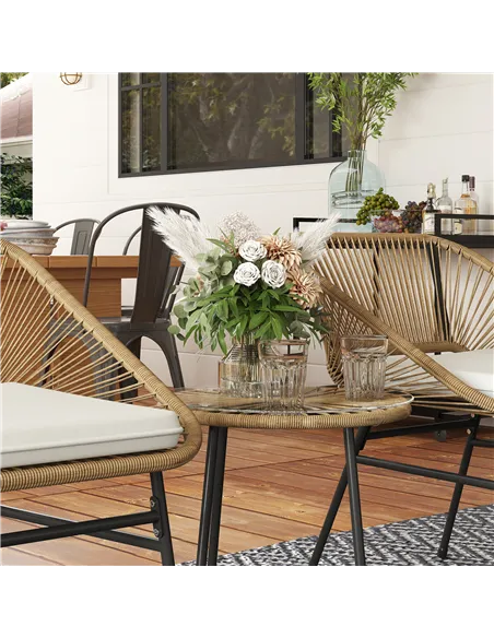 Outsunny 3 Pieces Rattan Bistro Set, Wicker Small Garden Table and Chairs Set with Cushions and Glass Top Coffee Table, Bistro G