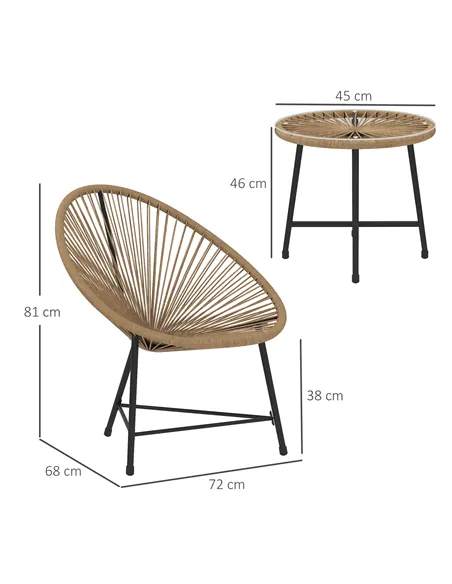 Outsunny 3 Pieces Rattan Bistro Set, Garden Bistro Set with Acapulco Chairs and Glass Top Table, Small Garden Furniture Set with