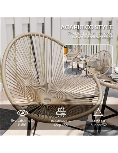 Outsunny 3 Pieces Rattan Bistro Set, Garden Bistro Set with Acapulco Chairs and Glass Top Table, Small Garden Furniture Set with