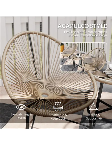 Outsunny 3 Pieces Rattan Bistro Set, Garden Bistro Set with Acapulco Chairs and Glass Top Table, Small Garden Furniture Set with