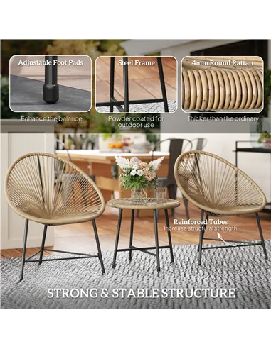 Outsunny 3 Pieces Rattan Bistro Set, Garden Bistro Set with Acapulco Chairs and Glass Top Table, Small Garden Furniture Set with