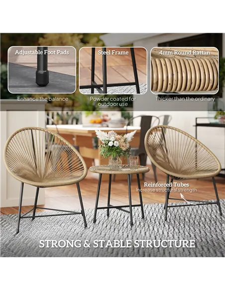 Outsunny 3 Pieces Rattan Bistro Set, Garden Bistro Set with Acapulco Chairs and Glass Top Table, Small Garden Furniture Set with