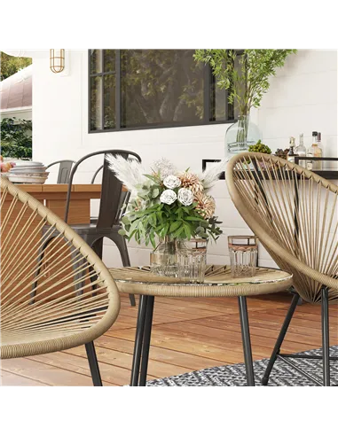 Outsunny 3 Pieces Rattan Bistro Set, Garden Bistro Set with Acapulco Chairs and Glass Top Table, Small Garden Furniture Set with