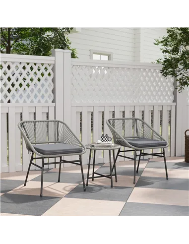 Outsunny 3 Pieces Rattan Bistro Set, Wicker Small Garden Table and Chairs Set with Cushions and Glass Top Coffee Table, Bistro G