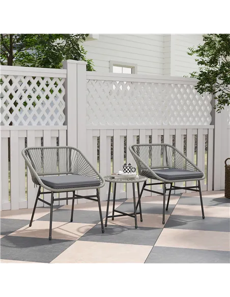 Outsunny 3 Pieces Rattan Bistro Set, Wicker Small Garden Table and Chairs Set with Cushions and Glass Top Coffee Table, Bistro G