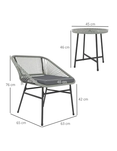 Outsunny 3 Pieces Rattan Bistro Set, Wicker Small Garden Table and Chairs Set with Cushions and Glass Top Coffee Table, Bistro G