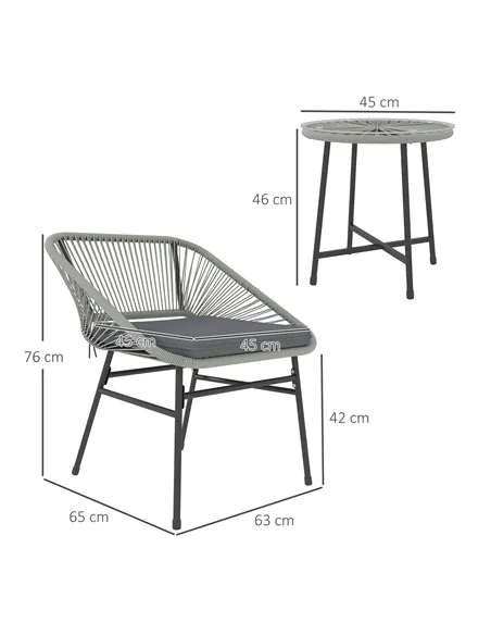 Outsunny 3 Pieces Rattan Bistro Set, Wicker Small Garden Table and Chairs Set with Cushions and Glass Top Coffee Table, Bistro G