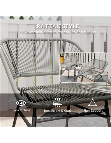 Outsunny 3 Pieces Rattan Bistro Set, Wicker Small Garden Table and Chairs Set with Cushions and Glass Top Coffee Table, Bistro G