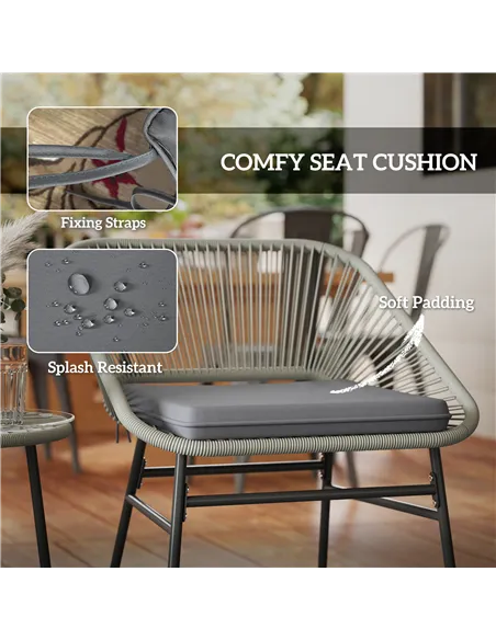 Outsunny 3 Pieces Rattan Bistro Set, Wicker Small Garden Table and Chairs Set with Cushions and Glass Top Coffee Table, Bistro G