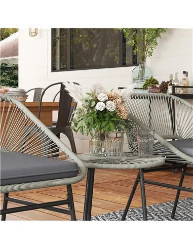 Outsunny 3 Pieces Rattan Bistro Set, Wicker Small Garden Table and Chairs Set with Cushions and Glass Top Coffee Table, Bistro G