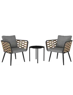 Outsunny 3 Pieces Rattan Bistro Set with Washable Seat and Back Cushions, Glass Top Coffee Table, for Outdoor, Patio, Black