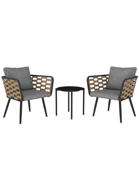Outsunny 3 Pieces Rattan Bistro Set with Washable Seat and Back Cushions, Glass Top Coffee Table, for Outdoor, Patio, Black