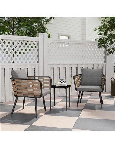 Outsunny 3 Pieces Rattan Bistro Set with Washable Seat and Back Cushions, Glass Top Coffee Table, for Outdoor, Patio, Black