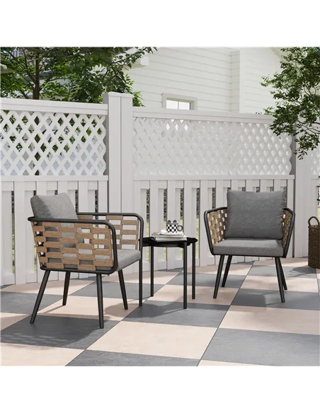 Outsunny 3 Pieces Rattan Bistro Set with Washable Seat and Back Cushions, Glass Top Coffee Table, for Outdoor, Patio, Black