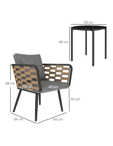 Outsunny 3 Pieces Rattan Bistro Set with Washable Seat and Back Cushions, Glass Top Coffee Table, for Outdoor, Patio, Black