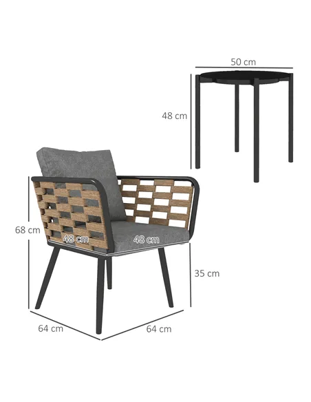 Outsunny 3 Pieces Rattan Bistro Set with Washable Seat and Back Cushions, Glass Top Coffee Table, for Outdoor, Patio, Black