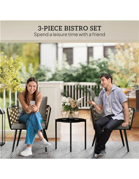 Outsunny 3 Pieces Rattan Bistro Set with Washable Seat and Back Cushions, Glass Top Coffee Table, for Outdoor, Patio, Black