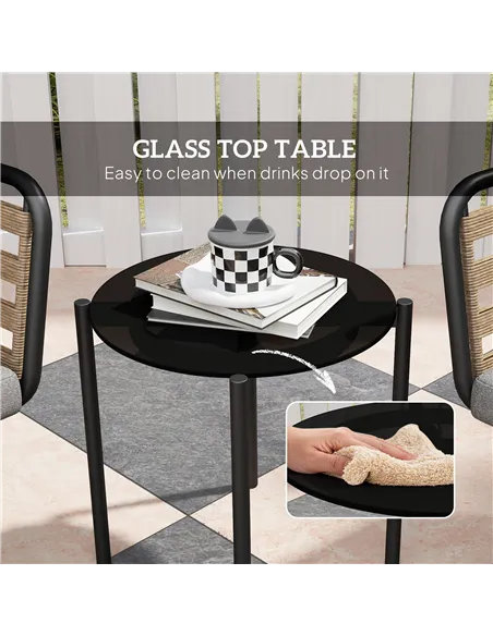 Outsunny 3 Pieces Rattan Bistro Set with Washable Seat and Back Cushions, Glass Top Coffee Table, for Outdoor, Patio, Black