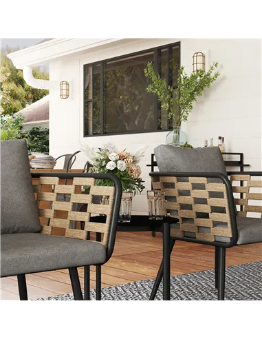 Outsunny 3 Pieces Rattan Bistro Set with Washable Seat and Back Cushions, Glass Top Coffee Table, for Outdoor, Patio, Black