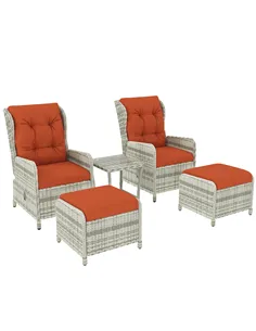 Outsunny 5 Pieces Rattan Bistro Set with Adjustable Back, Reclining Wicker Balcony Furniture with Cushions, Glass Top Coffee Tab