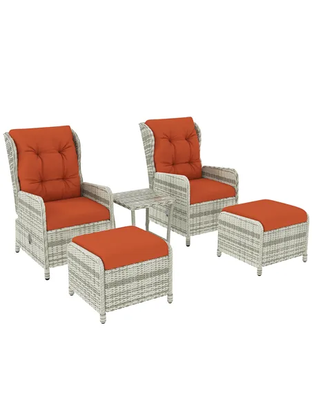 Outsunny 5 Pieces Rattan Bistro Set with Adjustable Back, Reclining Wicker Balcony Furniture with Cushions, Glass Top Coffee Tab