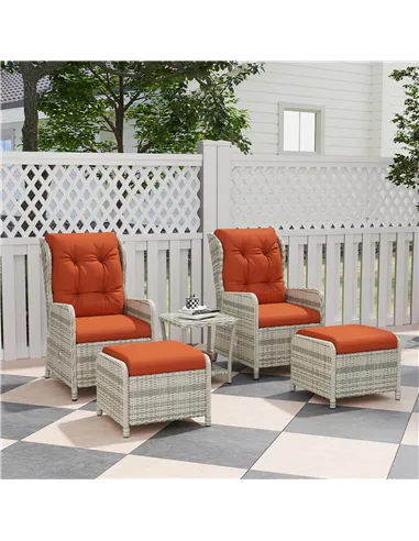 Outsunny 5 Pieces Rattan Bistro Set with Adjustable Back, Reclining Wicker Balcony Furniture with Cushions, Glass Top Coffee Tab