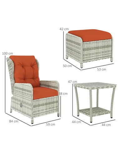 Outsunny 5 Pieces Rattan Bistro Set with Adjustable Back, Reclining Wicker Balcony Furniture with Cushions, Glass Top Coffee Tab