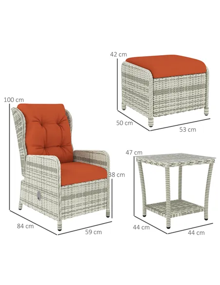Outsunny 5 Pieces Rattan Bistro Set with Adjustable Back, Reclining Wicker Balcony Furniture with Cushions, Glass Top Coffee Tab