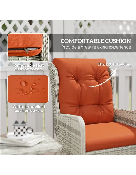 Outsunny 5 Pieces Rattan Bistro Set with Adjustable Back, Reclining Wicker Balcony Furniture with Cushions, Glass Top Coffee Tab