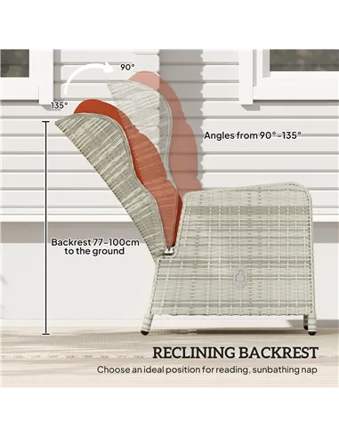 Outsunny 5 Pieces Rattan Bistro Set with Adjustable Back, Reclining Wicker Balcony Furniture with Cushions, Glass Top Coffee Tab