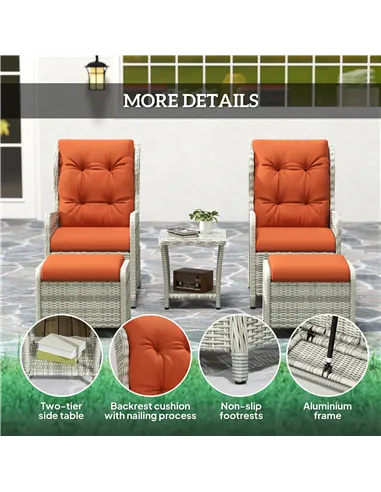 Outsunny 5 Pieces Rattan Bistro Set with Adjustable Back, Reclining Wicker Balcony Furniture with Cushions, Glass Top Coffee Tab