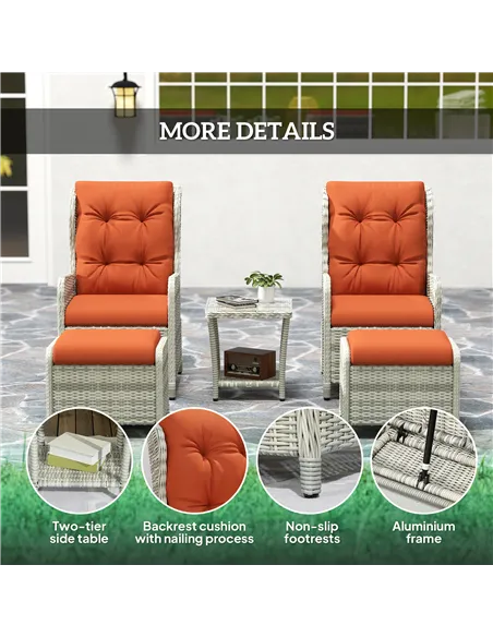 Outsunny 5 Pieces Rattan Bistro Set with Adjustable Back, Reclining Wicker Balcony Furniture with Cushions, Glass Top Coffee Tab