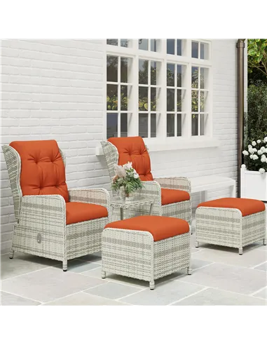 Outsunny 5 Pieces Rattan Bistro Set with Adjustable Back, Reclining Wicker Balcony Furniture with Cushions, Glass Top Coffee Tab