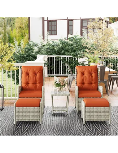 Outsunny 5 Pieces Rattan Bistro Set with Adjustable Back, Reclining Wicker Balcony Furniture with Cushions, Glass Top Coffee Tab