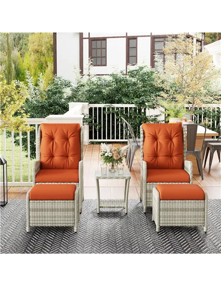 Outsunny 5 Pieces Rattan Bistro Set with Adjustable Back, Reclining Wicker Balcony Furniture with Cushions, Glass Top Coffee Tab