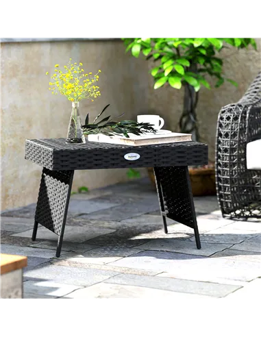 Outsunny Foldable Outdoor Side Table, Rattan Garden Coffee Table with Steel Frame, Space Saving Bistro Garden Furniture for Pati
