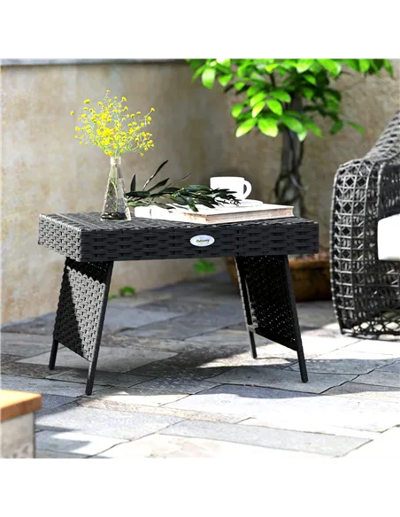 Outsunny Foldable Outdoor Side Table, Rattan Garden Coffee Table with Steel Frame, Space Saving Bistro Garden Furniture for Pati