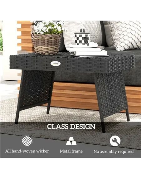Outsunny Foldable Outdoor Side Table, Rattan Garden Coffee Table with Steel Frame, Space Saving Bistro Garden Furniture for Pati