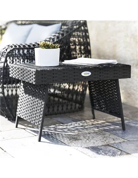 Outsunny Foldable Outdoor Side Table, Rattan Garden Coffee Table with Steel Frame, Space Saving Bistro Garden Furniture for Pati