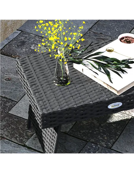 Outsunny Foldable Outdoor Side Table, Rattan Garden Coffee Table with Steel Frame, Space Saving Bistro Garden Furniture for Pati
