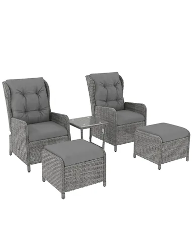 Outsunny 5 Pieces Rattan Bistro Set with Adjustable Back, Reclining Wicker Balcony Furniture with Cushions, Glass Top Coffee Tab