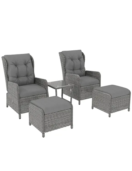 Outsunny 5 Pieces Rattan Bistro Set with Adjustable Back, Reclining Wicker Balcony Furniture with Cushions, Glass Top Coffee Tab