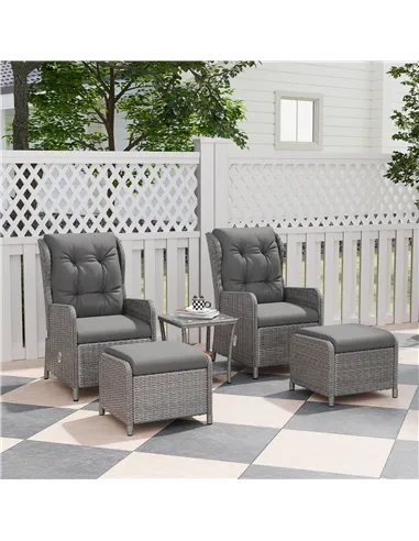 Outsunny 5 Pieces Rattan Bistro Set with Adjustable Back, Reclining Wicker Balcony Furniture with Cushions, Glass Top Coffee Tab