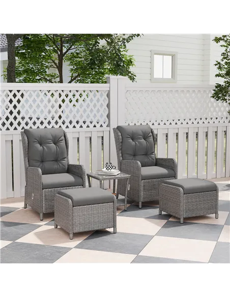 Outsunny 5 Pieces Rattan Bistro Set with Adjustable Back, Reclining Wicker Balcony Furniture with Cushions, Glass Top Coffee Tab