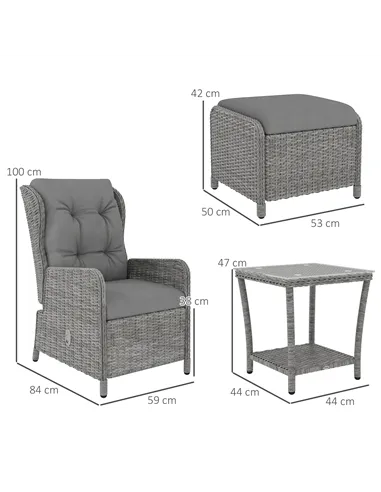 Outsunny 5 Pieces Rattan Bistro Set with Adjustable Back, Reclining Wicker Balcony Furniture with Cushions, Glass Top Coffee Tab