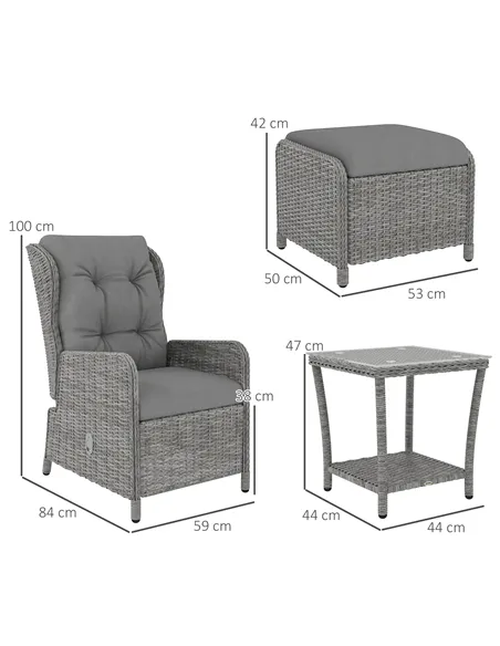 Outsunny 5 Pieces Rattan Bistro Set with Adjustable Back, Reclining Wicker Balcony Furniture with Cushions, Glass Top Coffee Tab